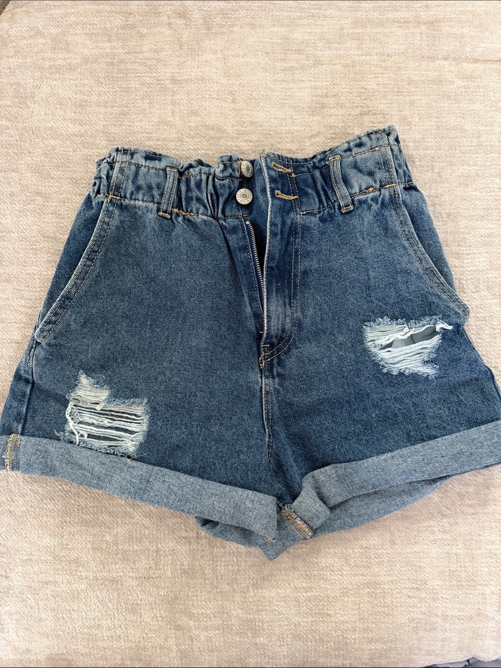 Love Tree Dark Blue Paperbag Waist Distressed Jean Shorts Size Small